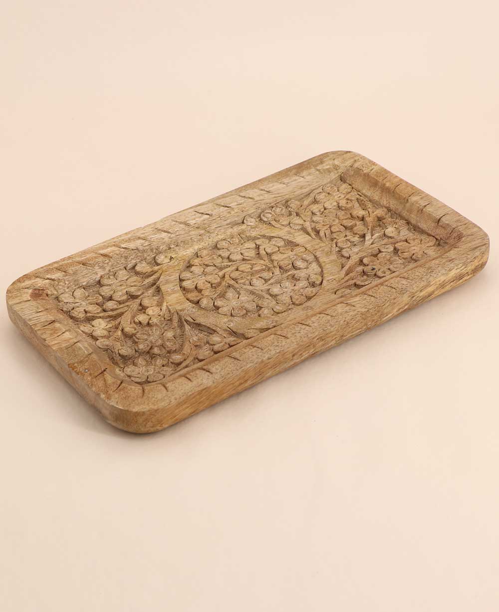 Hand Carved Mango Wood Floral Carved Decorative Tray - Decor