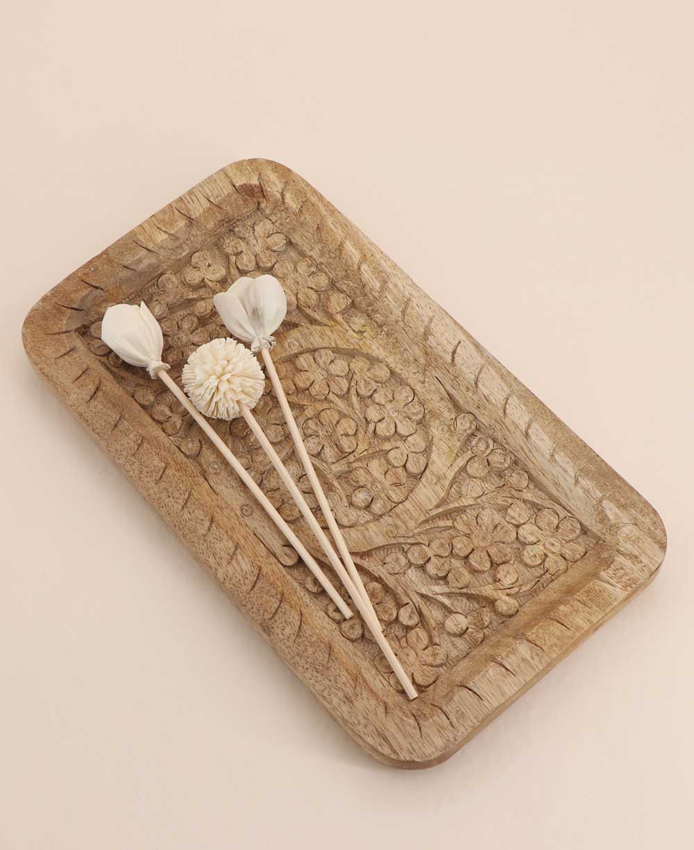 Hand Carved Mango Wood Floral Carved Decorative Tray - Decor