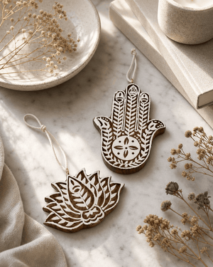 Hand - Carved Mango Wood Hamsa & Lotus Ornaments – Set of 2 - Posters, Prints, & Visual Artwork