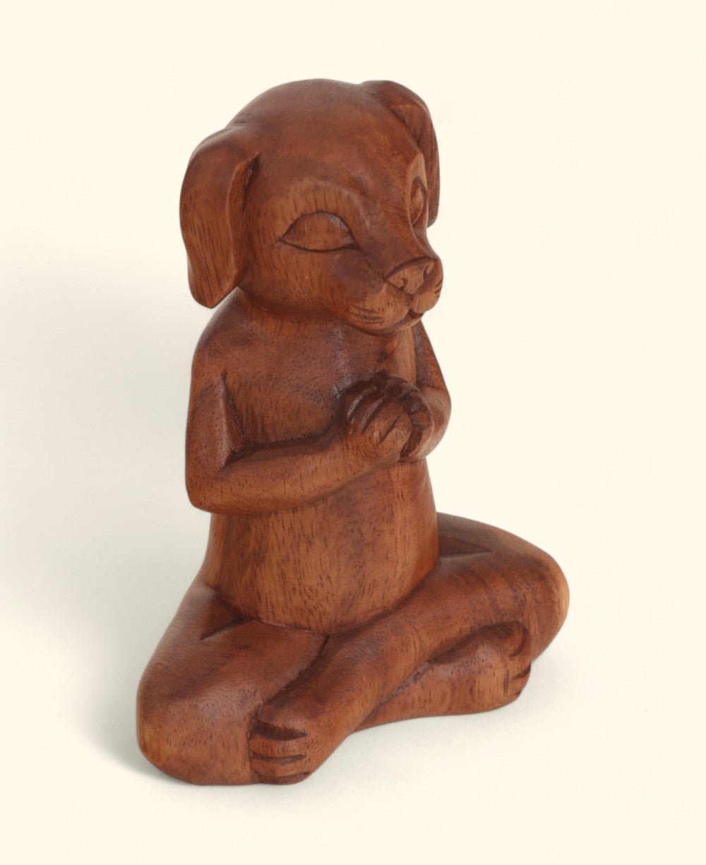Hand Carved Meditating Namaste Dog Statue - Sculptures & Statues