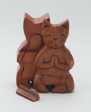 Hand Carved Namaste Cat Puzzle Box - New