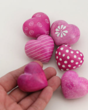 Hand - Carved Pink Soapstone Heart Set – Etched Decorative Tokens from Kenya (Set of 6) - Decor