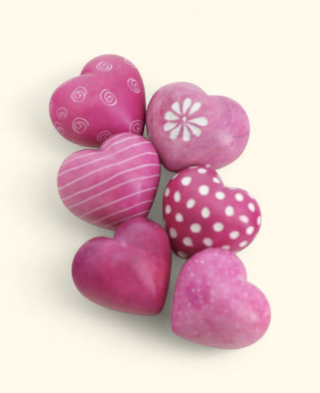 Hand - Carved Pink Soapstone Heart Set – Etched Decorative Tokens from Kenya (Set of 6) - Decor