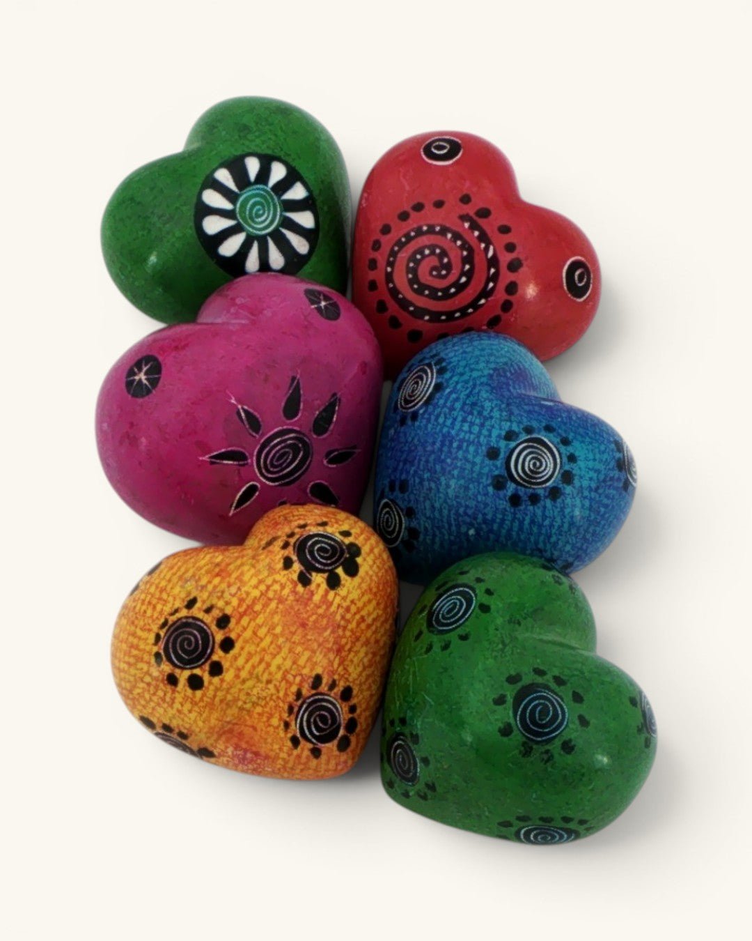 Hand - Carved Soapstone Hearts Set of 6 — Etched Multicolor Decorative Stone Tokens, 2 Inch - Home Decor