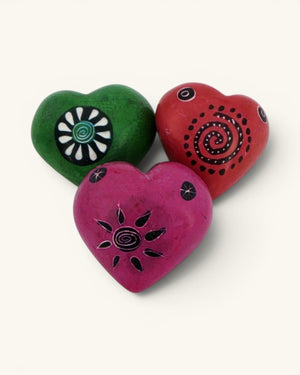 Hand - Carved Soapstone Hearts Set of 6 — Etched Multicolor Decorative Stone Tokens, 2 Inch - Home Decor