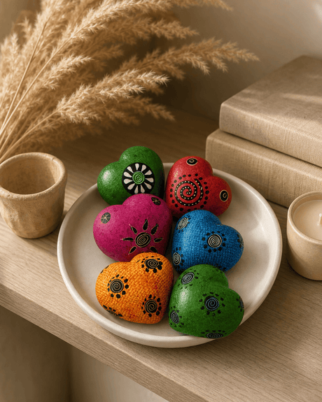 Hand-Carved Soapstone Hearts Set of 6 — Etched Multicolor Decorative Stone Tokens, 2 Inch - Home Decor