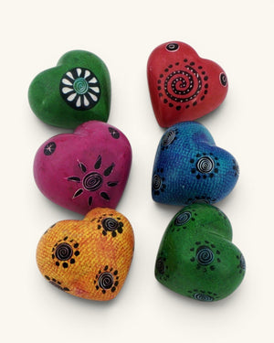 Hand - Carved Soapstone Hearts Set of 6 — Etched Multicolor Decorative Stone Tokens, 2 Inch - Home Decor