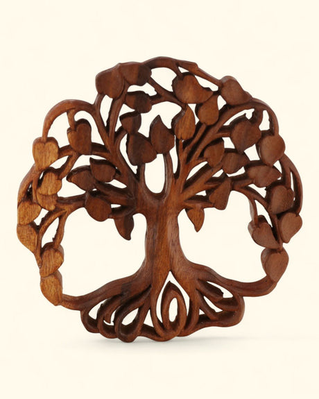 Hand - Carved Tree of Life Wall Art – Balinese Wood Wall Hanging with Heart Leaves - Wall Art 8" Diameter