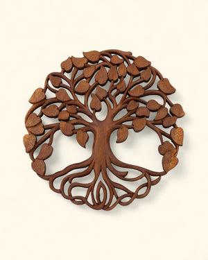 Hand - Carved Tree of Life Wall Art – Balinese Wood Wall Hanging with Heart Leaves - Wall Art