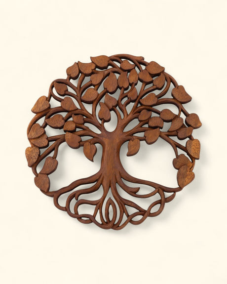 Hand - Carved Tree of Life Wall Art – Balinese Wood Wall Hanging with Heart Leaves - Wall Art