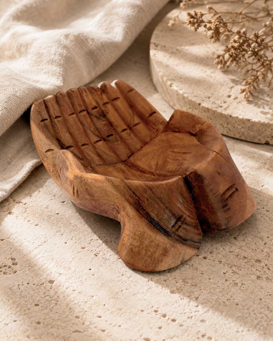 Hand-Carved Wooden Offering Hands Bowl — Balinese Cupped Palms Display Dish - Home Decor
