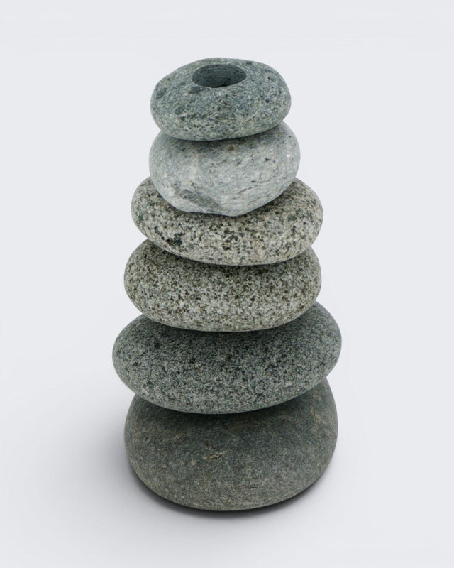Handcrafted Cairn Vase with Stacked Beach Stones — 7 Inch Natural Stone Bud Vase - Home Decor