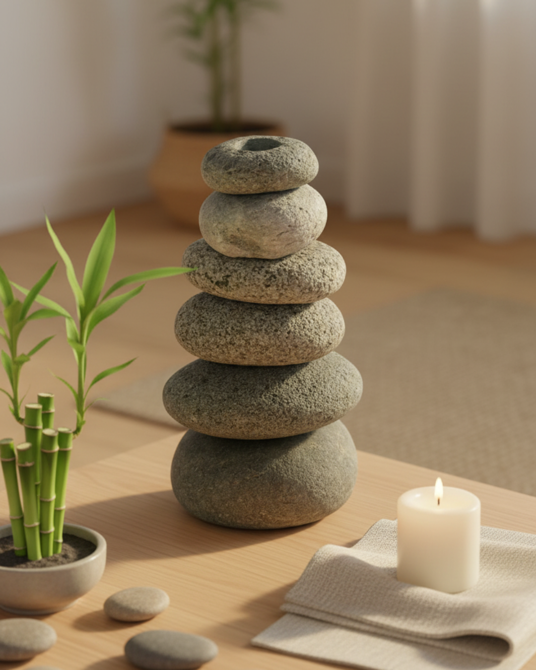Handcrafted Cairn Vase with Stacked Beach Stones — 7 Inch Natural Stone Bud Vase