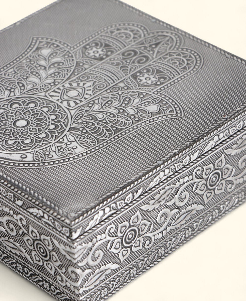 Handcrafted Hamsa Mala, Jewelry Box Metal Keepsake Storage with Velvet Lining - Jewelry Boxes