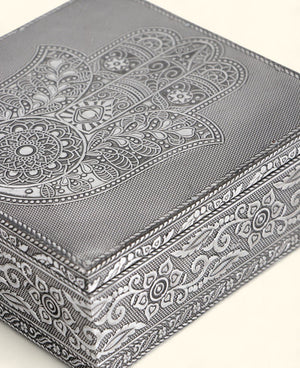 Handcrafted Hamsa Mala, Jewelry Box Metal Keepsake Storage with Velvet Lining - Jewelry Boxes
