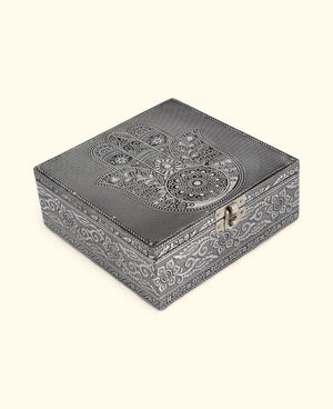 Handcrafted Hamsa Mala, Jewelry Box Metal Keepsake Storage with Velvet Lining - Jewelry Boxes