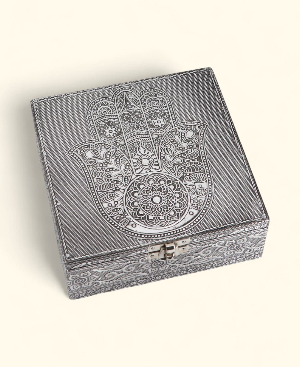 Handcrafted Hamsa Mala, Jewelry Box Metal Keepsake Storage with Velvet Lining - Jewelry Boxes
