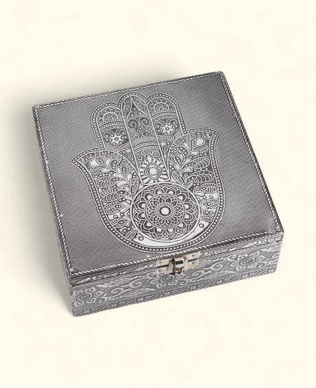Handcrafted Hamsa Mala, Jewelry Box Metal Keepsake Storage with Velvet Lining - Jewelry Boxes