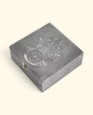 Handcrafted Hamsa Mala, Jewelry Box Metal Keepsake Storage with Velvet Lining - Jewelry Boxes