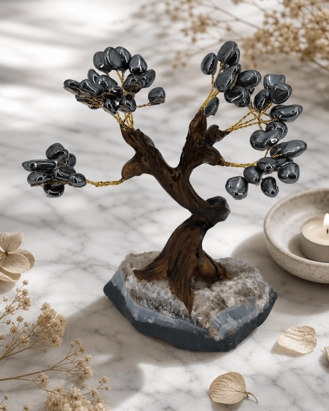 Hematite Gemstone Bonsai Tree – Grounding & Protective Energy - Accents