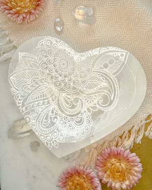 Henna Heart Selenite Dish – Hand - Carved Crystal Jewelry Bowl - Bowls