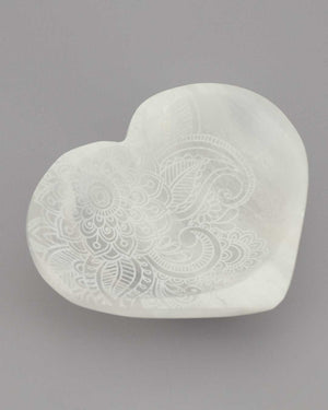 Henna Heart Selenite Dish – Hand - Carved Crystal Jewelry Bowl - Bowls