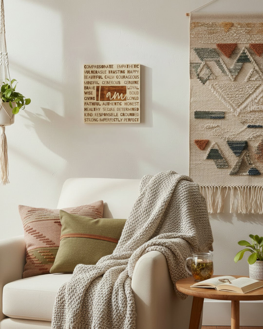 I Am affirmation wood wall hanging mounted above a sofa in a styled living room setting, showing scale in context