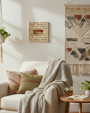 I Am affirmation wood wall hanging mounted above a sofa in a styled living room setting, showing scale in context