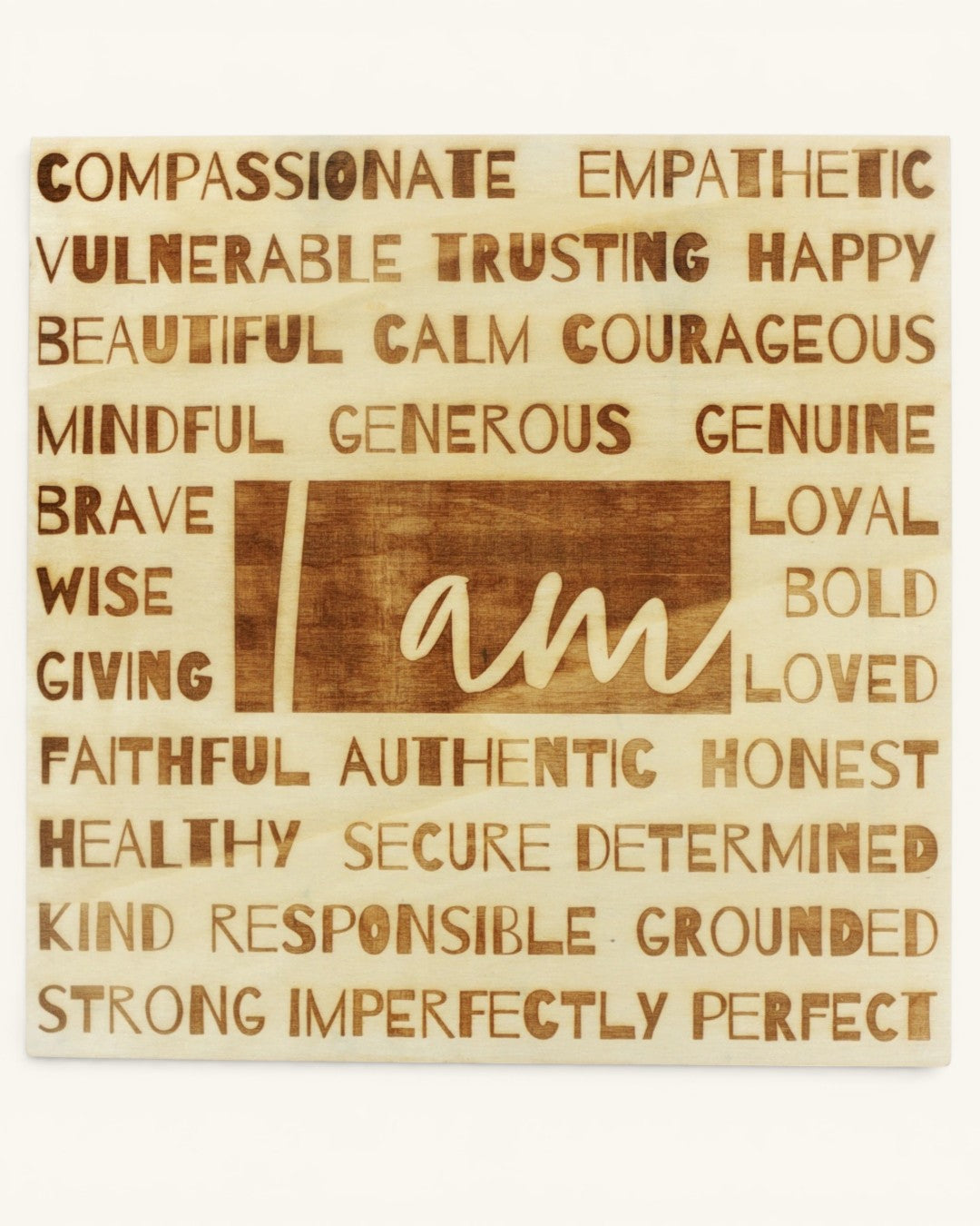 I Am affirmation wood wall plaque flat front view on white background with laser-engraved positive affirmation words
