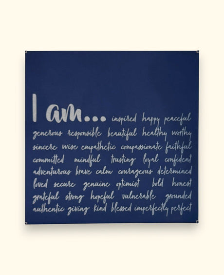 “I Am” Daily Affirmation Wall Art – Bamboo Print Inspirational Leatherette Hanging - Wall Art Navy