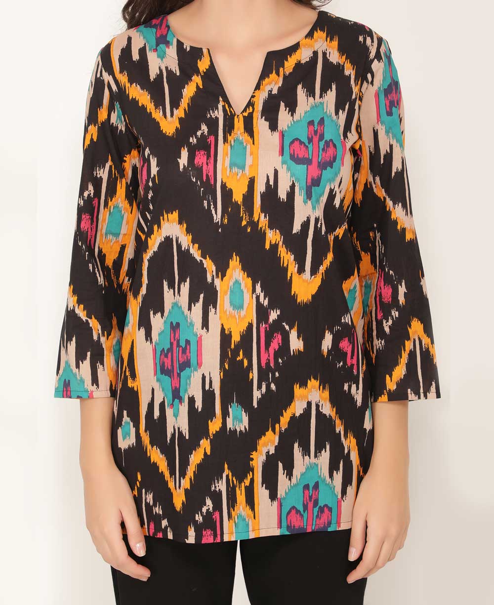 Ikat Inspired Printed Cotton Tunic Top - Apparel S