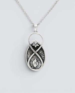 Infinite Lotus Flame Pendant silver-plated charm hanging on a silver rolo chain, full pendant and chain visible against light grey background