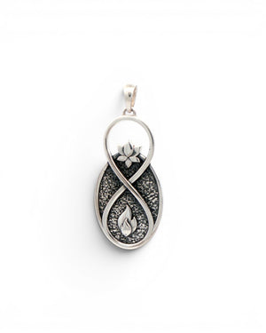 Infinite Lotus Flame Pendant silver-plated charm, close detail view on white background highlighting the lotus blossom and flame relief carvings
