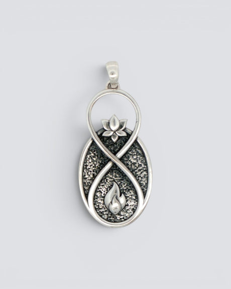 Infinite Lotus Flame Pendant silver-plated charm, front view showing infinity loop with lotus and flame motifs on dark textured background