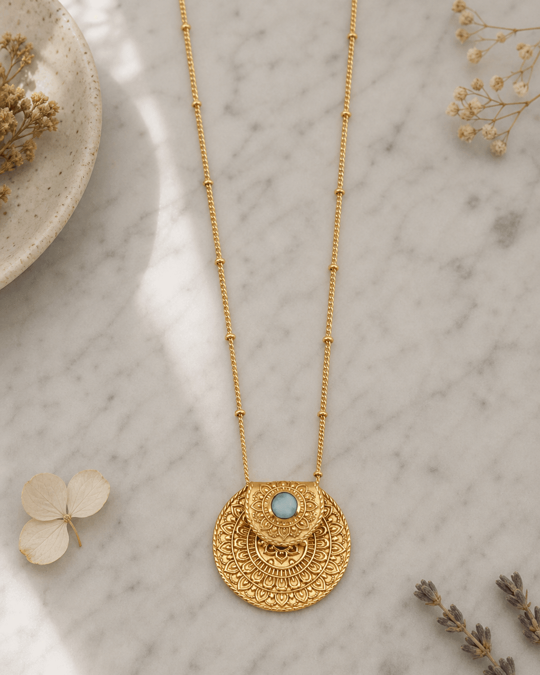 Inspirational Gold Plated Mandala Necklace with Larimar Stone - Necklaces