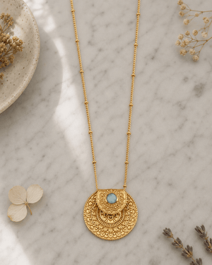 Inspirational Gold Plated Mandala Necklace with Larimar Stone - Necklaces