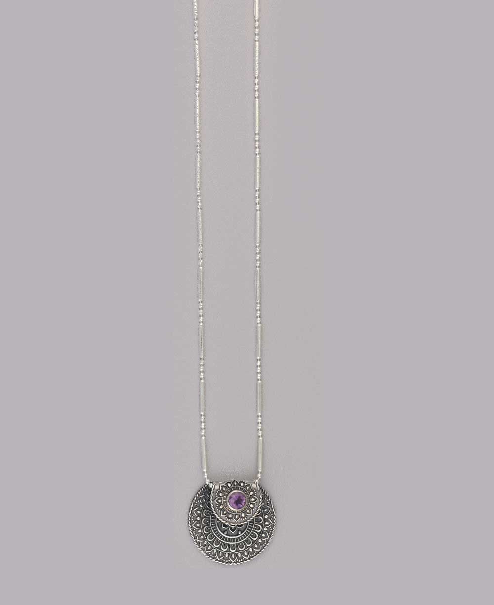 Inspirational Sterling Silver Mandala Necklace with Amethyst - Necklaces 16"+2"