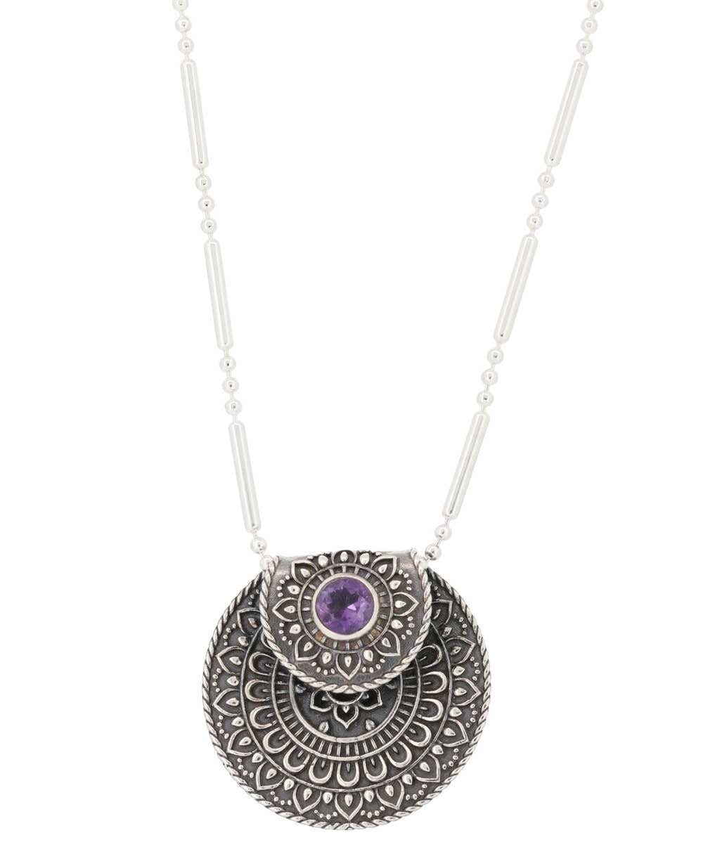 Inspirational Sterling Silver Mandala Necklace with Amethyst - Necklaces 16"+2"