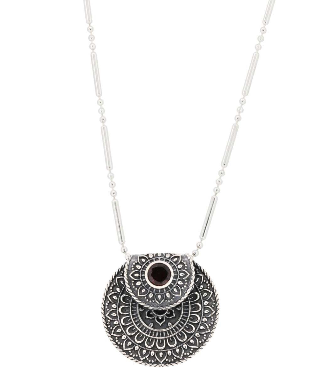 Inspirational Sterling Silver Mandala Necklace with Garnet - Necklaces 16"+2"