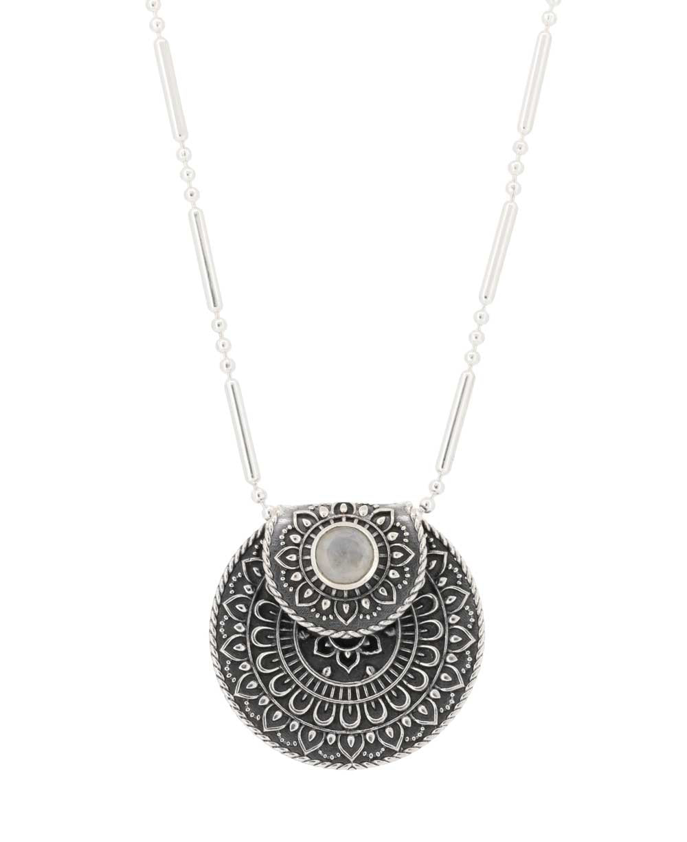 Inspirational Sterling Silver Mandala Necklace with Moonstone - Necklaces 16"+2"