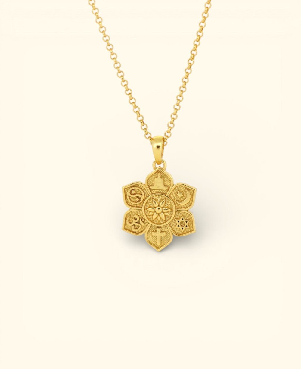 Interfaith Unity Lotus Necklace – 18K Gold Plated “Together as One” Pendant - Charms & Pendants