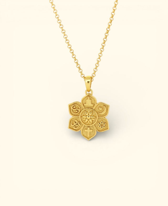 Interfaith Unity Lotus Necklace – 18K Gold Plated “Together as One” Pendant - Charms & Pendants