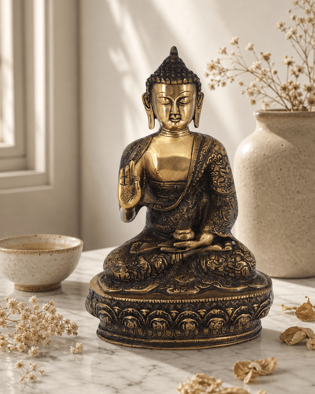 Brass Buddha statue 12 inches tall with intricate detailing displayed on white marble surface