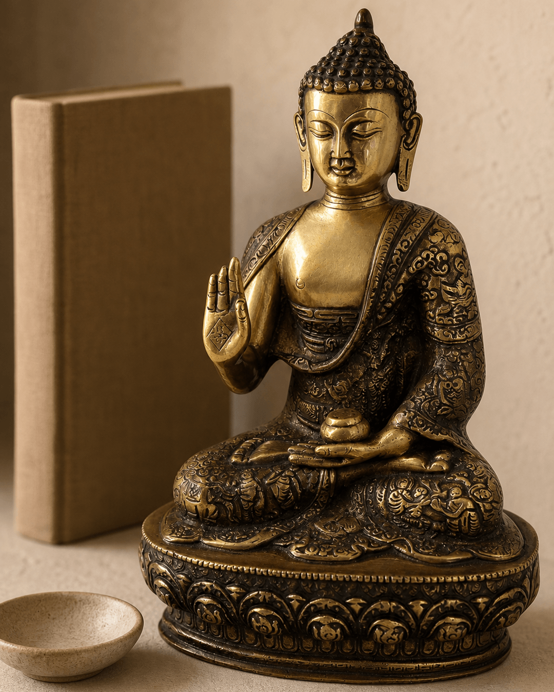 Detailed brass Buddha statue 12 inches tall with intricate carvings, photographed close-up with soft bokeh background