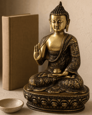 Detailed brass Buddha statue 12 inches tall with intricate carvings, photographed close-up with soft bokeh background