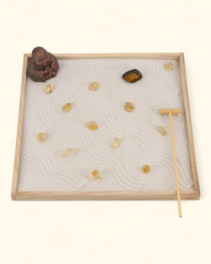 Joy & Luck Zen Garden – Buddha Statue with Citrine, Tiger’s Eye, White Sand & Rake - Home & Garden