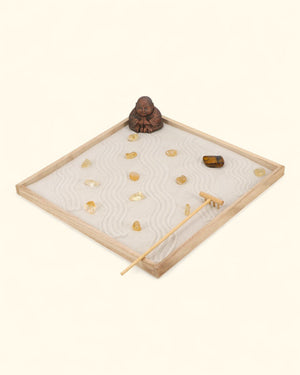 Joy & Luck Zen Garden – Buddha Statue with Citrine, Tiger’s Eye, White Sand & Rake - Home & Garden