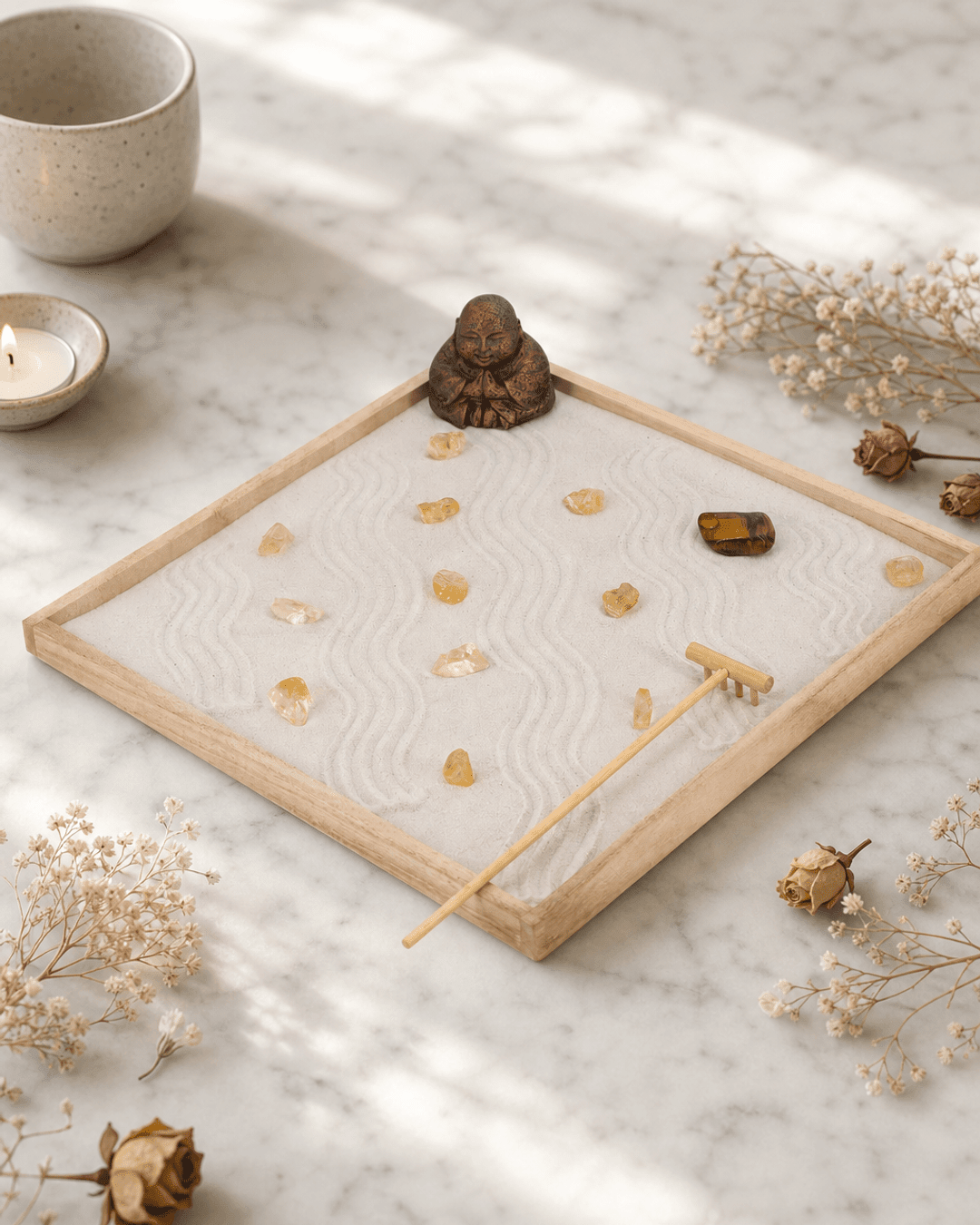 Joy & Luck Zen Garden – Buddha Statue with Citrine, Tiger’s Eye, White Sand & Rake - Home & Garden
