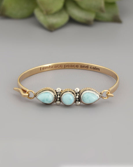 Larimar Gemstone Bracelet – Sterling & Bronze Cuff with "I Embrace Peace and Calm" Engraving - Bracelets