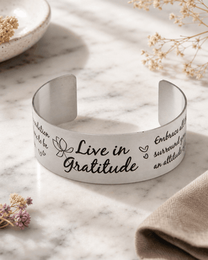 Live in Gratitude Stainless Steel Adjustable Inspirational Cuff Bracelet - Bracelets
